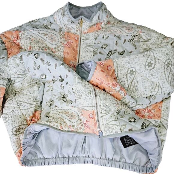 7 for All Mankind Quilted Paisley Pastel Patchwork Zip Up Puffer Jacket Coat L - Picture 6 of 13